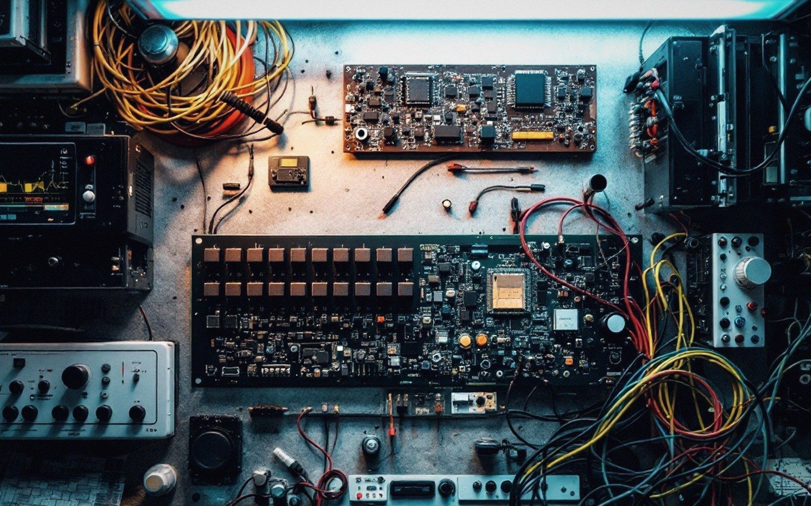 A glass-epoxy circuit board with socketed chips under a bench lamp