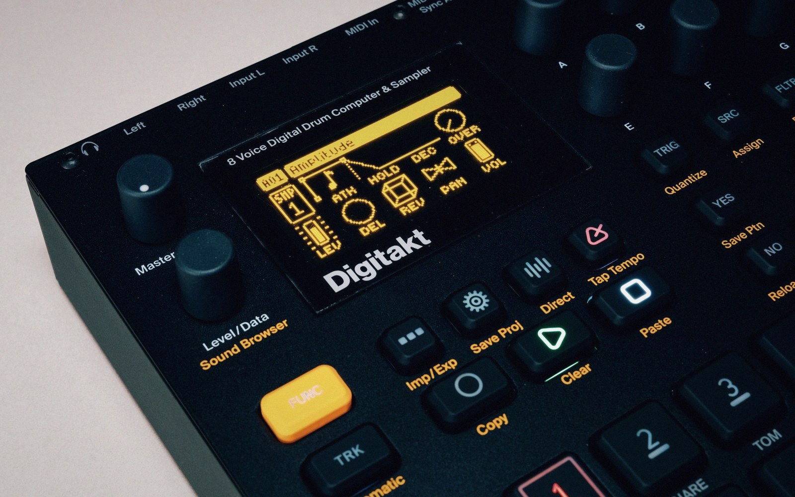 Close-up of a Digitakt drum computer's screen and control buttons