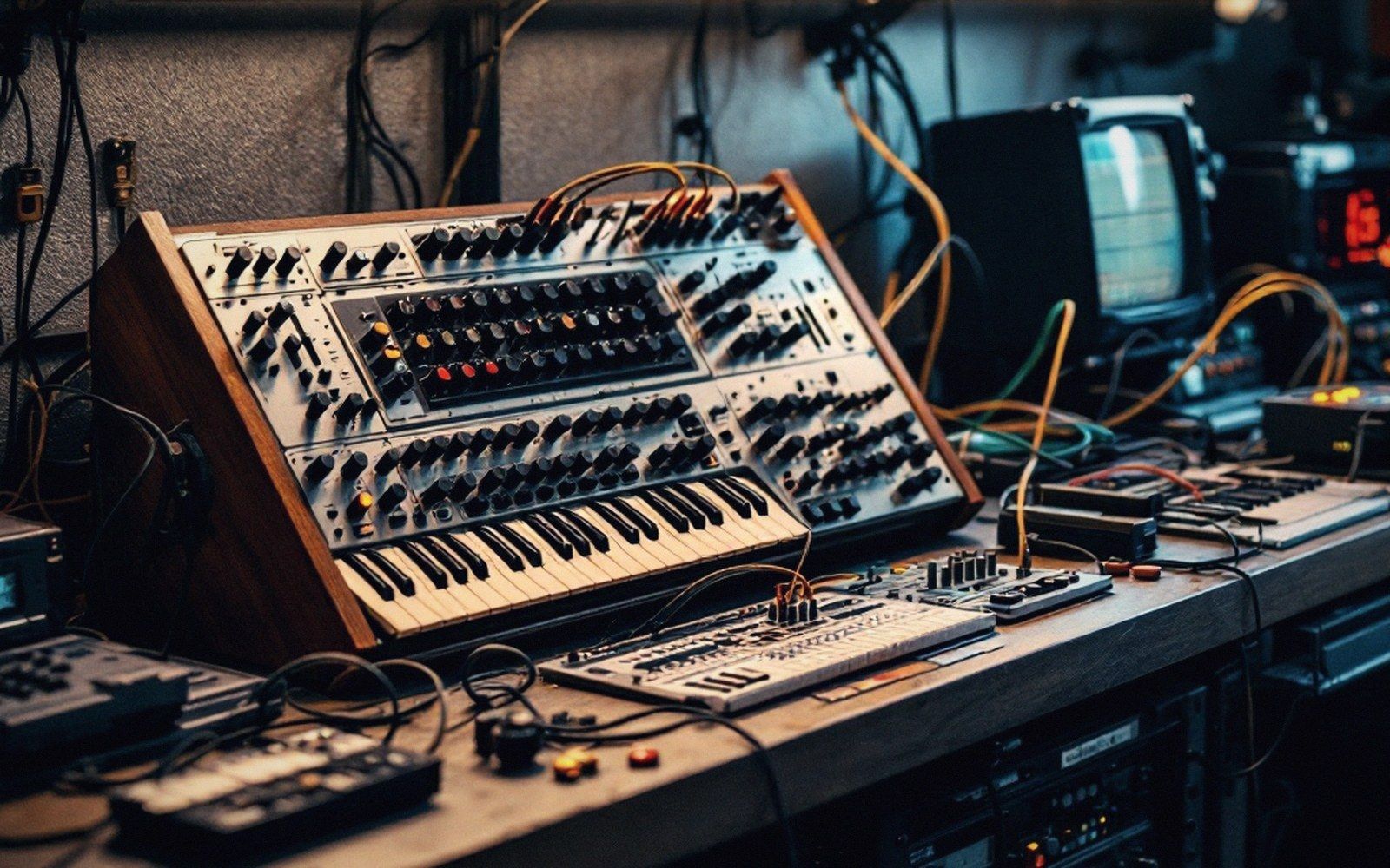A synthesiser front panel off its rack on a service bench under fluorescent light, cabling exposed